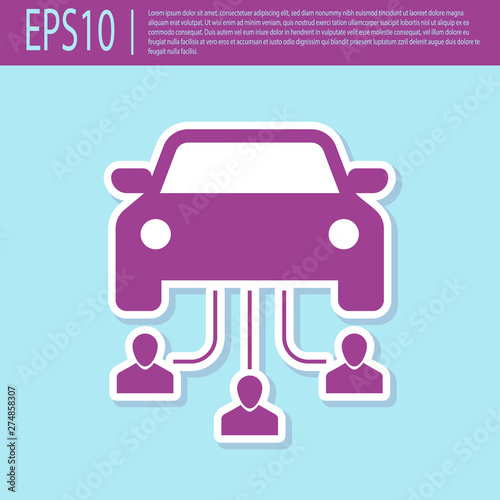 Retro purple Car sharing with group of people icon isolated on turquoise background. Carsharing sign. Transport renting service concept. Flat design. Vector Illustration