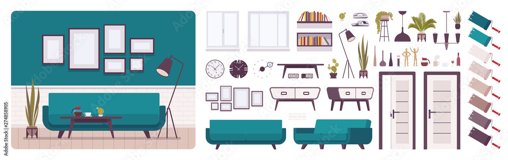 Living room interior, home, office creation set, comfort and classic elegance, kit with furniture, constructor elements to build own design. Cartoon flat style infographic illustration, color palette Living room interior, home, office creation set, comfort and classic elegance, kit with furniture, constructor elements to build own design. Cartoon flat style infographic illustration, color palette