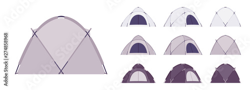 Dome tent set. Outdoor active sport and camping, sun shelter for travel, fishing or picnic equipment. Vector flat style cartoon illustration isolated on white background, different views and color