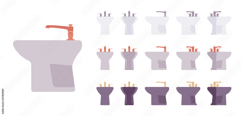 Bidet bathroom set. Washing basin, toilet seat for hygiene, individual sanitary and cleaning in restroom. Vector flat style cartoon illustration isolated on white background, different views, colors Bidet bathroom set. Washing basin, toilet seat for hygiene, individual sanitary and cleaning in restroom. Vector flat style cartoon illustration isolated on white background, different views, colors