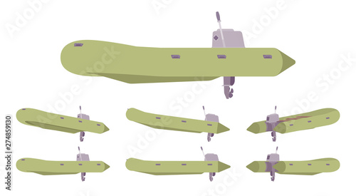 Inflatable boat with outboard motor. Green rubber vessel for rafting, fishing, water sport equipment, holiday trip. Vector flat style cartoon illustration isolated on white background, different views