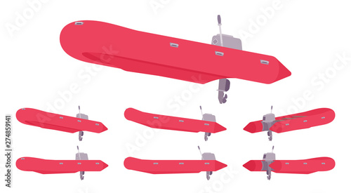 Inflatable boat with outboard motor. Red rubber vessel for rafting, fishing, water sport equipment, holiday trip. Vector flat style cartoon illustration isolated on white background, different views