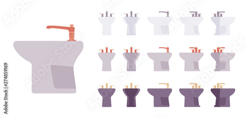 Bidet bathroom set. Washing basin, toilet seat for hygiene, individual sanitary and cleaning in restroom. Vector flat style cartoon illustration isolated on white background, different views, colors