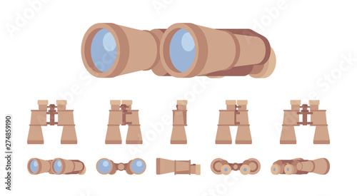 Binoculars optical instrument set. Glass lenses for viewing distant objects, to make a prognosis, research future. Vector flat style cartoon illustration isolated on white background, different views