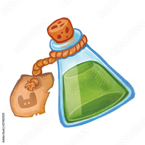 Magic bottle with green potion icon. Cartoon illustration of witchcraft elixir