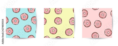 Set of donut doodles seamless patterns. Pink donuts with topping on pastel background. Cute cartoon background template