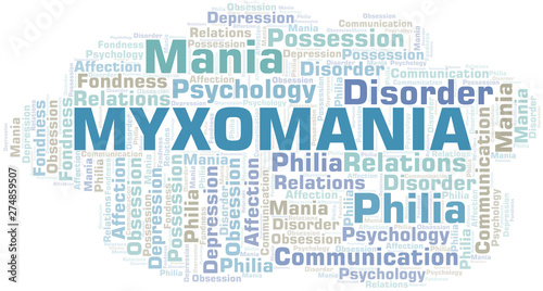 Myxomania word cloud. Type of mania, made with text only.