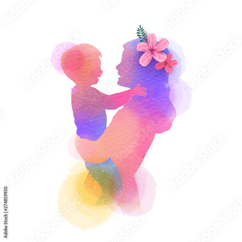 Happy mother's day. Side view of Happy mom with her child silhouette plus abstract watercolor painted. Double exposure illustration. Digital art painting.