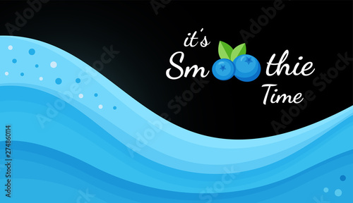 Blueberry smoothie fruit cocktail flat vector illustration. Tasty natural fruit, blue wave layers of smoothies cocktail or frozen yogurt, Smoothie logo banner for summer fast food season menu.