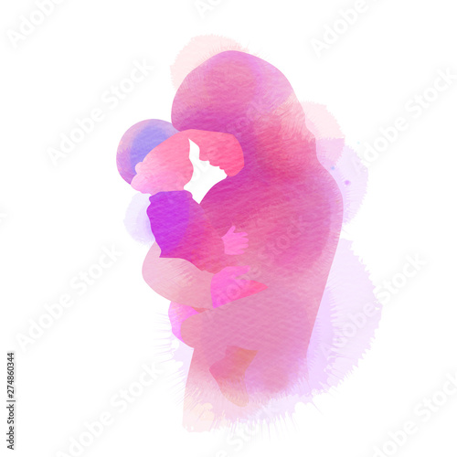 Happy mother's day. Side view of Happy Muslim mom with her baby  silhouette plus abstract watercolor painted. Muslim mama with her child. Double exposure illustration. Digital art painting.