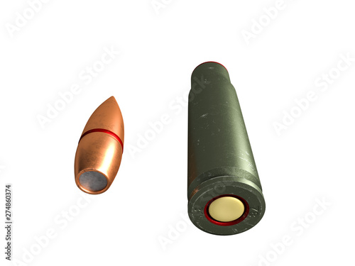 cartridge 7.62x39 mm, Russian and Soviet army, isolated. 3d rendering photo