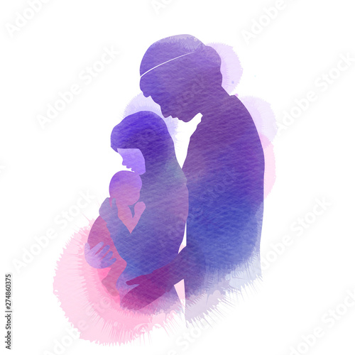 Side view of happy Muslim family. silhouette plus abstract watercolor painted. Double exposure illustration. Digital art painting.