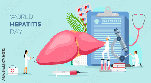 Concept of hepatitis A, B, C, D, cirrhosis, world hepatitis day. Tiny doctors treat the liver. Blue background vector for for website and mobile website development, apps is presented.