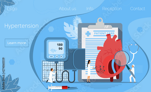 Health concept of hypertension disease tiny doctors treat, heart attack. Symptoms and prevention blood pressure health or healthy vector, it is landing page, website, app, banner.