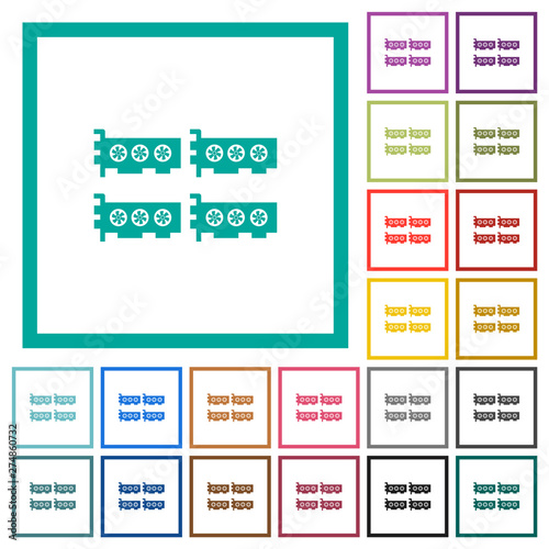Cryptocoin mining farm flat color icons with quadrant frames
