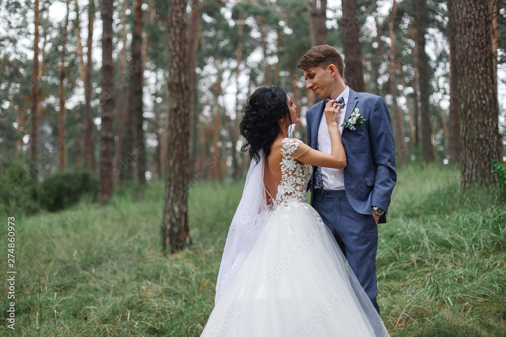 Young wedding couple enjoying romantic moments outside passionate embrace of brides from the outside bride with long veil on the walk. Wedding concept. Bride and groom at wedding day Young wedding couple enjoying romantic moments outside passionate embrace of brides from the outside bride with long veil on the walk. Wedding concept. Bride and groom at wedding day