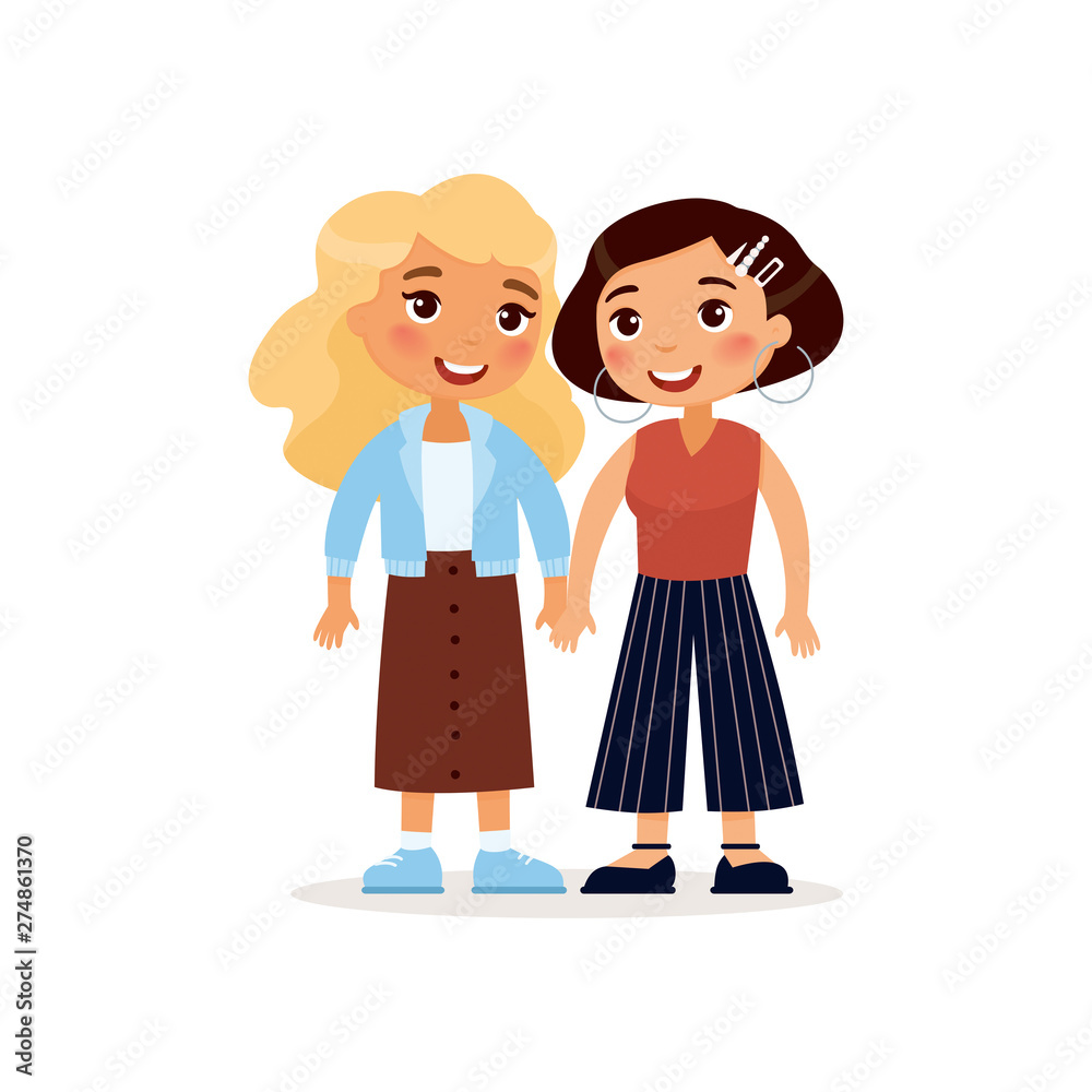 Two young girlfriends or a lesbian couple holding hands..Funny cartoon character. Vector illustration. Isolated on white background.