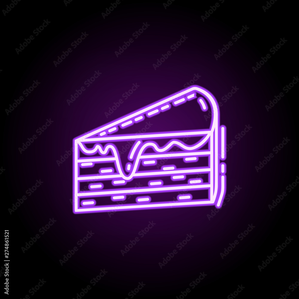 Piece of cake dusk style neon icon. Elements of birthday set. Simple icon for websites, web design, mobile app, info graphics Piece of cake dusk style neon icon. Elements of birthday set. Simple icon for websites, web design, mobile app, info graphics