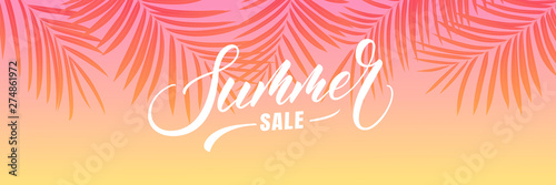 Summer sale banner. Palm leaves tropical wallpaper. Summer trendy design for ad, invitation, flyer, poster, web banner.