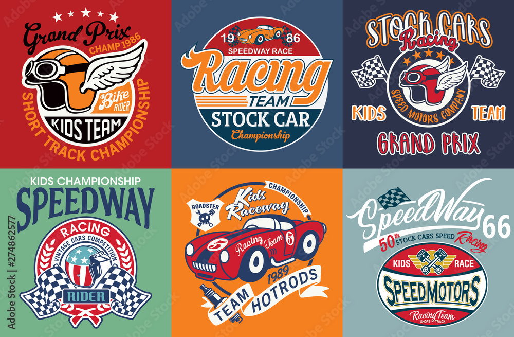 Kids cute speedway racing team badges collection vintage vector print