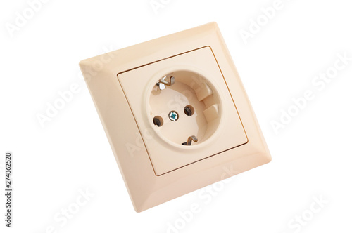 One square plastic electric socket beige color for cable with plug isolated on white background