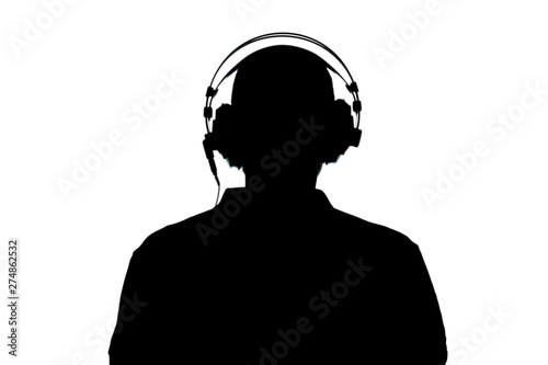 man silhouette with earphone isolated on white background with clipping path and copy space for your text