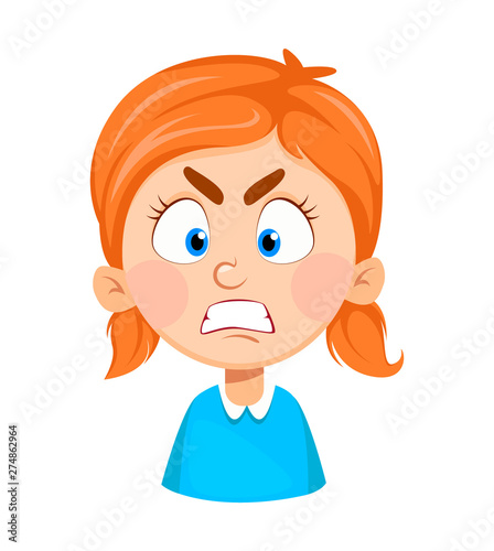 Face expression of cute little girl, angry