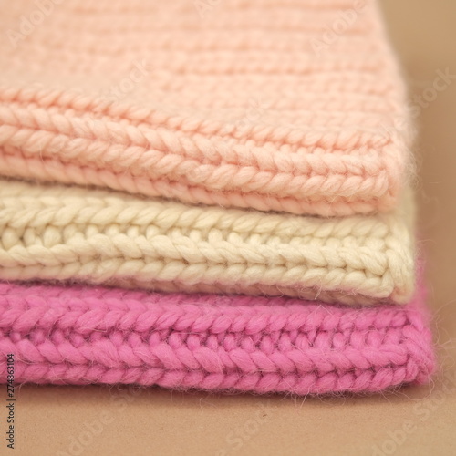 Close shot of cold weather winter handmade knitting clothes