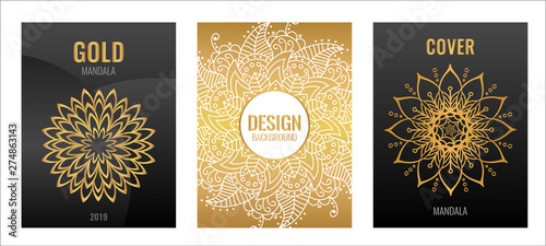 Set poster Golden mandala on black background. Luxury elegant cover. Decorative ornate round mandala. A symbol of life and health. Vector illustration.