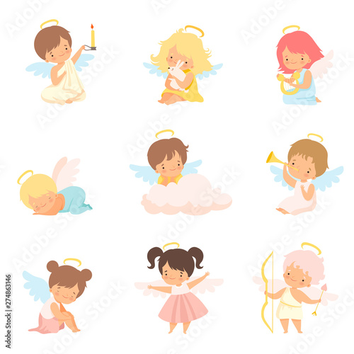 Cute Baby Angels with Nimbus and Wings Set, Adorable Boys And Girls Cartoon Characters in Angel Costumes Vector Illustration