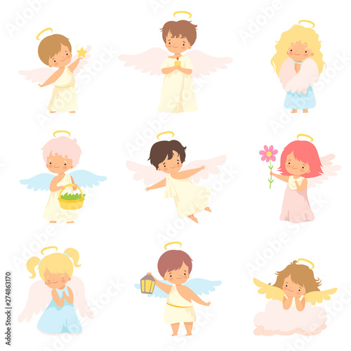 Cute Baby Angels with Nimbus and Wings Set, Adorable Boys And Girls Cartoon Characters in Cupid or Cherub Costumes Vector Illustration