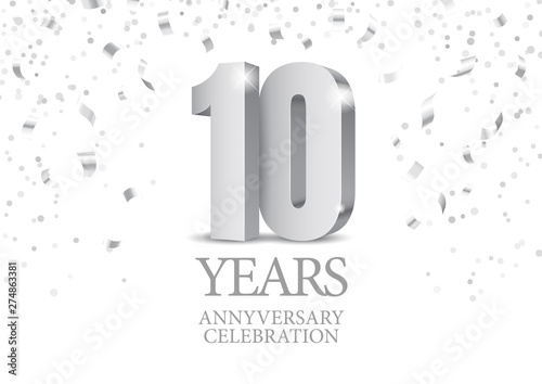 10 Years Anniversary Celebration. Silver 3d numbers. Poster template for Celebrating 10th anniversary event party. Vector illustration