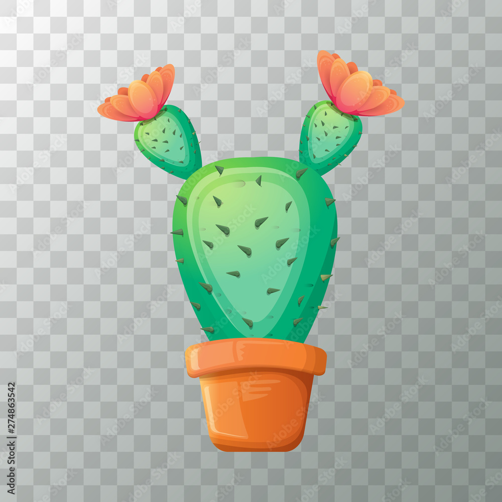 vector cartoon green cactus in pot isolated on transparent background. funny houseplant icon