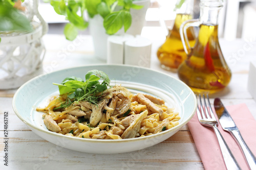 Pasta with oyster mushrooms. Spaghetti tagliatelle with mushrooms. photo