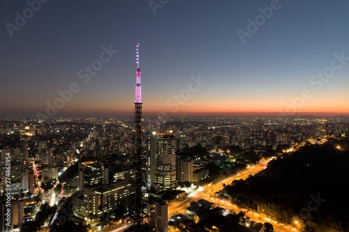 Sunset aerial view in São Paulo, Brazil. Great landscape. Explosion of colors on skyline. Business travel. Travel destination.