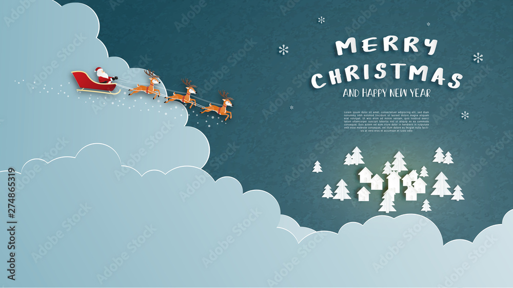 Merry Christmas and Happy new year greeting card in paper cut style. Vector illustration Christmas celebration background. Design for banner, flyer, poster, wallpaper, template.