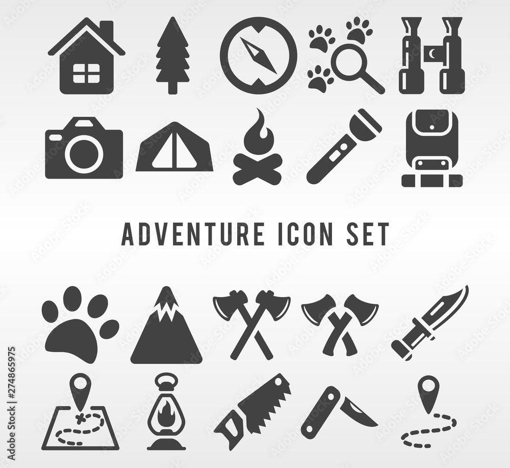 Obraz premium Adventure Icon Set. Collection of icons on the theme of travel and nature. Search icons, tents, lamps, camp, map, binoculars, backpack, bonfire, axes.