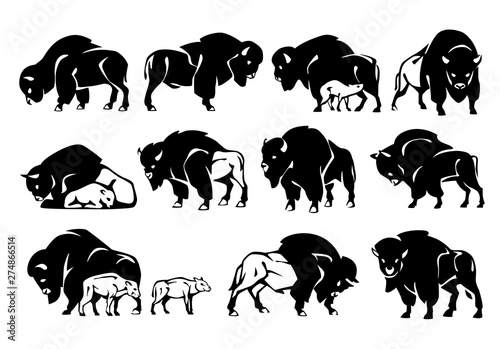 Bison Figure Set. Black silhouette. Isolated on a white background