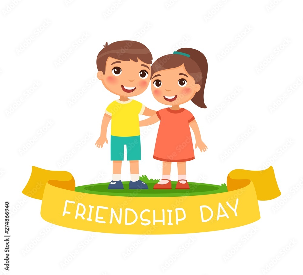 Friendship Day. Cute little boy and girl hugging. Funny cartoon character.  Vector illustration. Isolated on white background Stock Vector | Adobe Stock