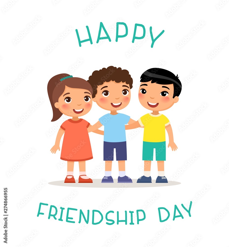Happy Friendship Day. Three international children hugging. Funny cartoon  character. Vector illustration. Isolated on white background Stock Vector |  Adobe Stock