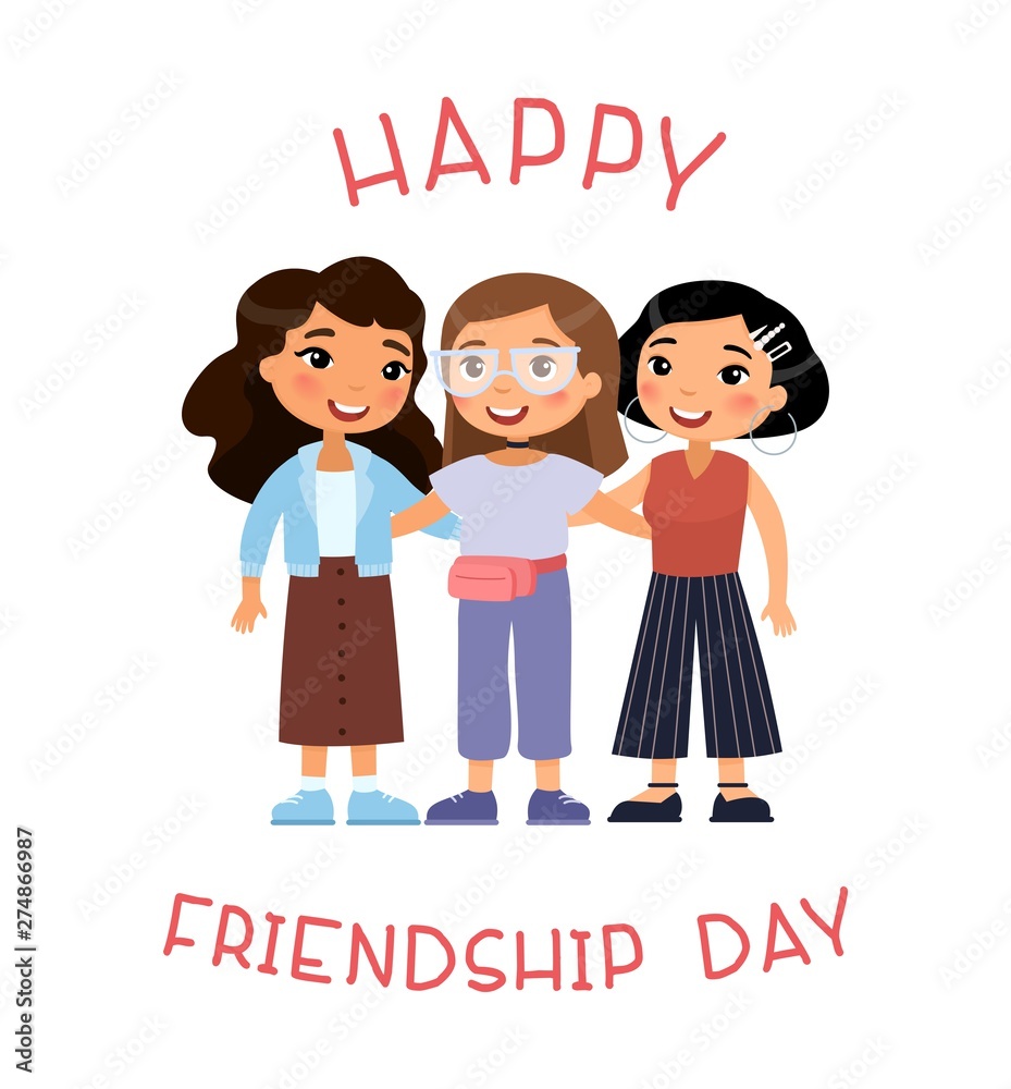 Happy Friendship Day. Three young international women friends hugging.  Funny cartoon character. Vector illustration. Isolated on white background.  Stock Vector | Adobe Stock