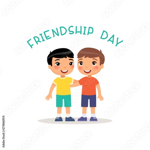 Friendship Day. Two сute little european and asian boys hugging. Funny cartoon character. Vector illustration. Isolated on white background