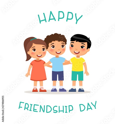 Happy Friendship Day. Three international children hugging. Funny cartoon character. Vector illustration. Isolated on white background