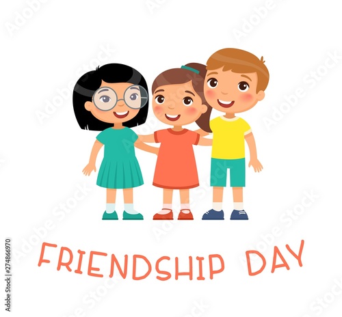 Friendship Day. Three international children hugging. Funny cartoon character. Vector illustration. Isolated on white background