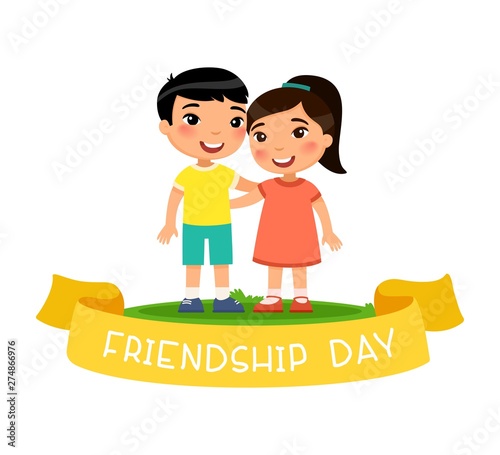 Friendship Day. Cute little asian boy and girl hugging. Funny cartoon character. Vector illustration. Isolated on white background
