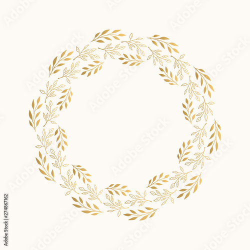 Luxury golden wreath with flowers and leaves. Vector isolated illustration.