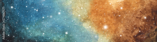 Abstract galaxy painting. Watercolor Cosmic texture with stars. Night sky. Milky way deep interstellar. Bright sky with blue and brown clouds, white stars splash. Colorful art space.
