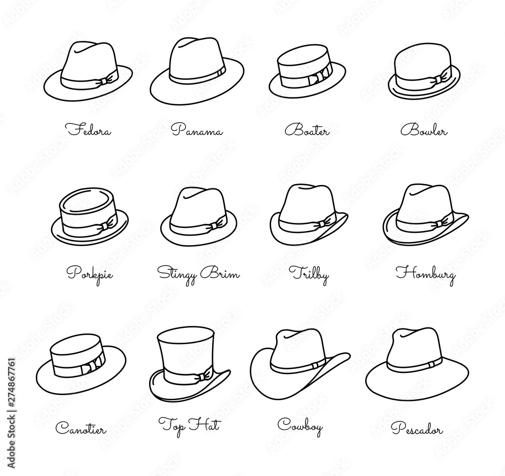 Types of male classic hats - vector thin line icon set Stock