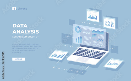 Data analysis, audit, research, finance analytics, reporting concept. Web and mobile service. Charts, graphs, report, visualization, infographics on the laptop screen. Isometric 3d vector banner.