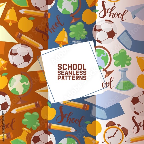 School stationary set of seamless patterns vector illustration. Kids education equipment. School supplies, colorful office accessories such as football, globe, bell, pencil, apple.